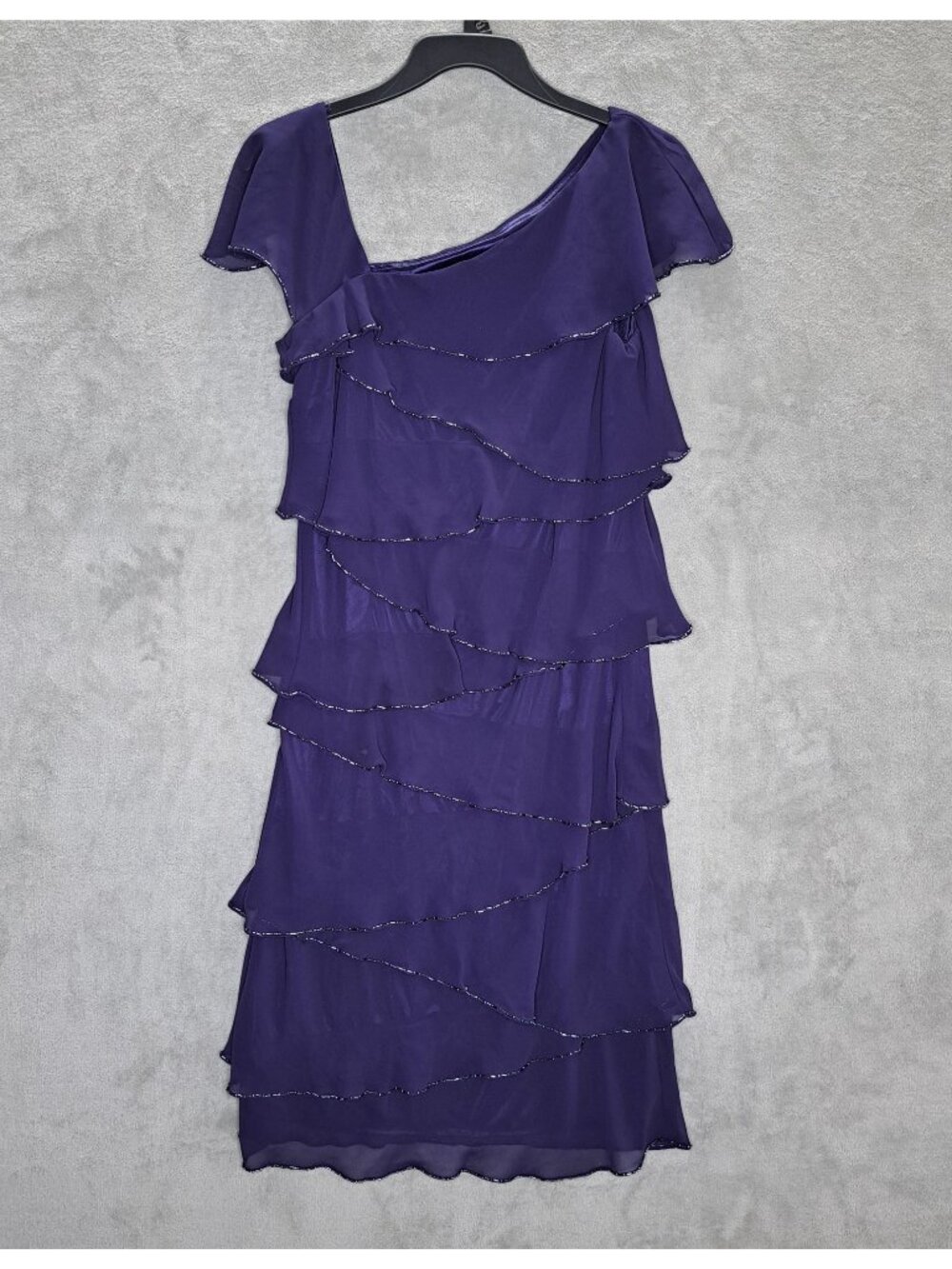 Patra Size 6 Purple Sleeveless Beaded Ruffle Layered Chiffon Shift Dress Elegant